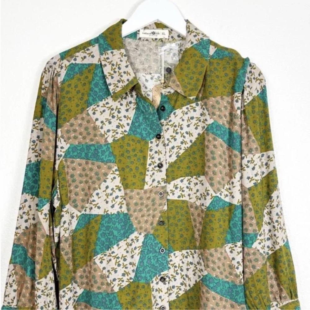 Button-Down Patchwork Print Tunic Dress in Teal, … - image 2